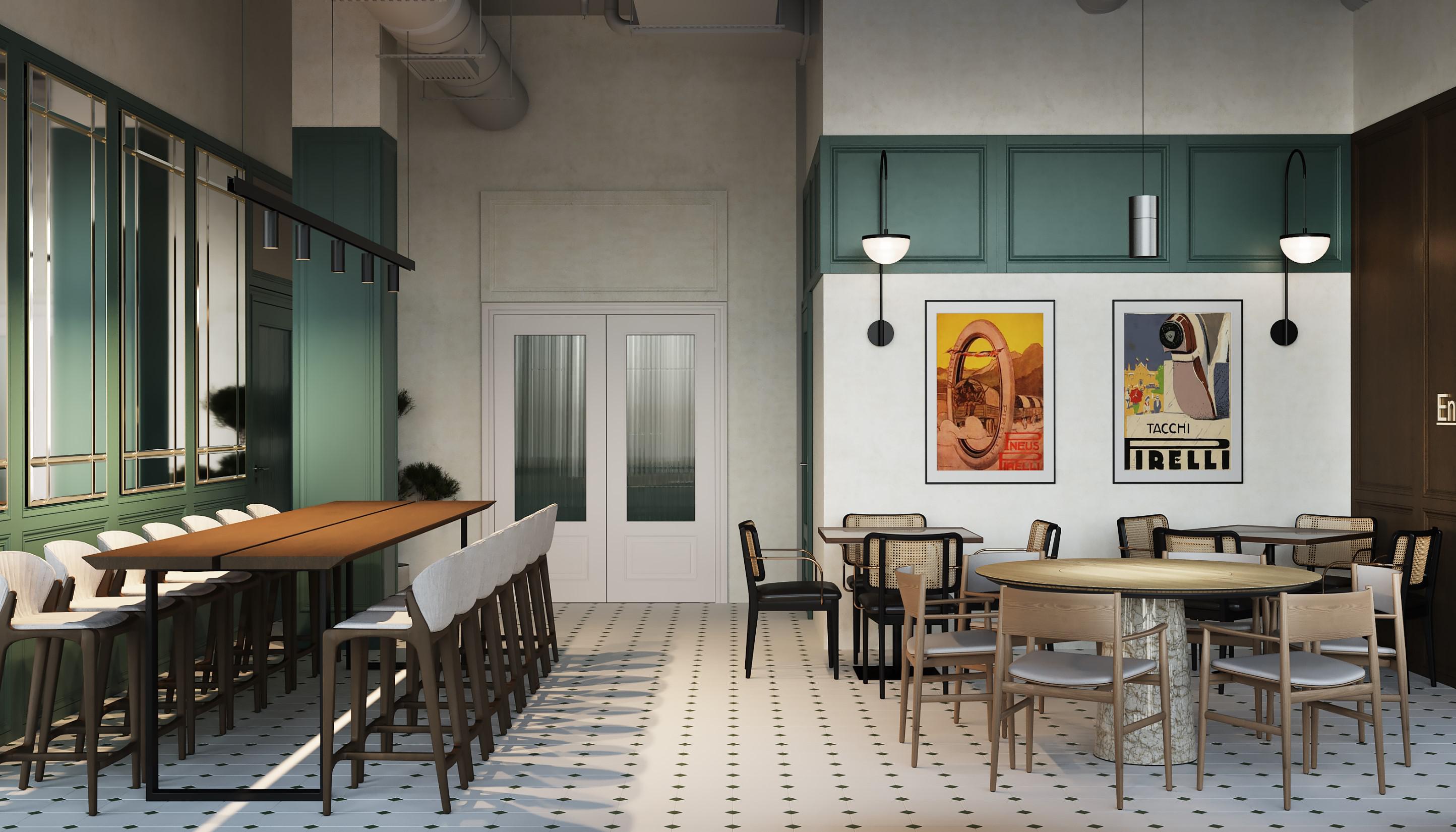 Интерьер зала остерии с отдельными столами