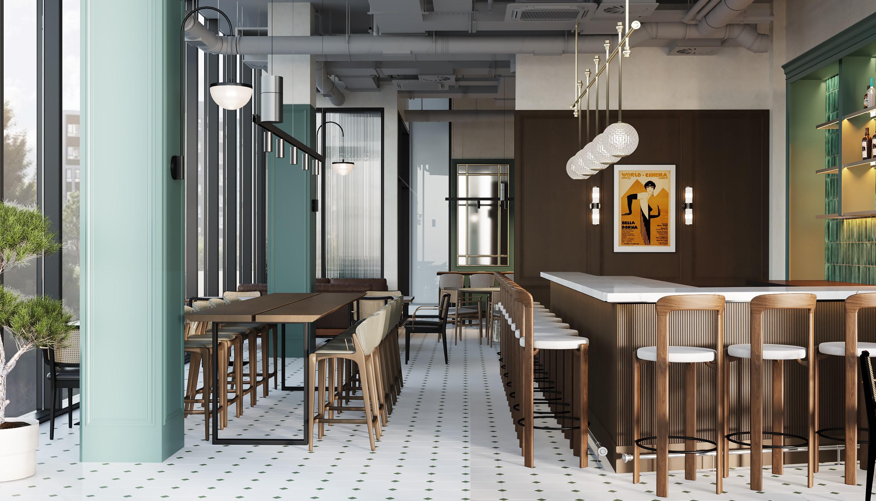 Интерьер зала остерии с барной стойкой